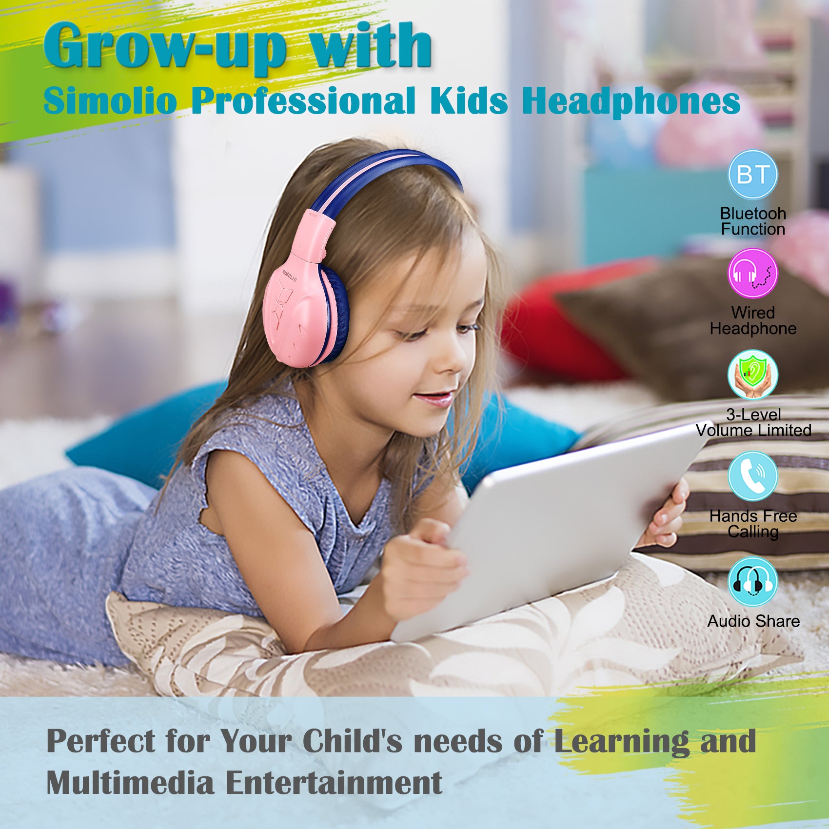 A girl wear SIMOLIO wireless kids headphones to play iPad